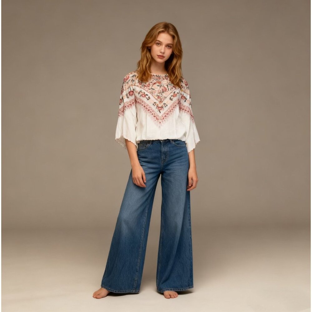 NWOT Johnny Was Embroidered Floral Flare Sleeve Top Shirt Blouse Oversized Sz S